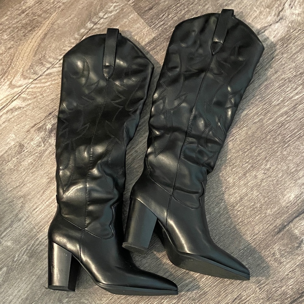 Cowboy Style Boots- Black Knee-High Block Heel Boots